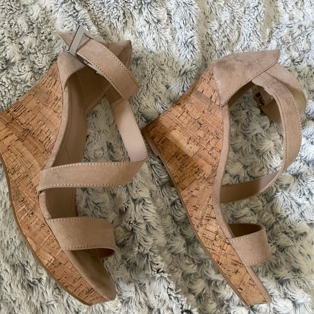 Nude suede and cork heel wedges